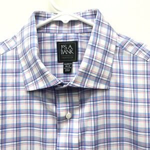 Jos A Bank Shirt Men Traveler Tailored Fit Button Down Pink Blue Plaid 16 1/2-33